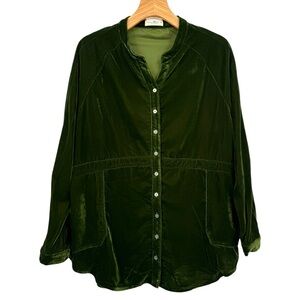 NATURAL LIFE Deep Green Velvet Button Down Shirt Tunic with Pockets Size M